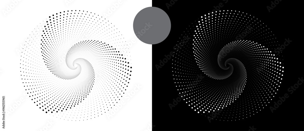 Poster Modern abstract background. Halftone dots in circle form. Spiral logo, icon or design element. Black dots on a white background and white dots on the black side.