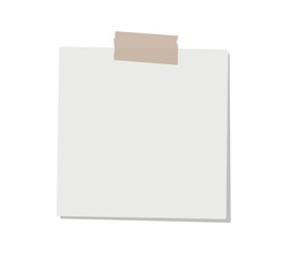 White blank sticky note paper mockup top taped with beige washi tape isolated on background. Vector illustration clipart. Empty office supply. Reminders, scrapbooking, digital planner design 