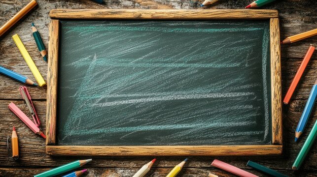 Empty chalkboard surrounded by colorful pencils and crayons on a rustic wooden table - Powered by Adobe