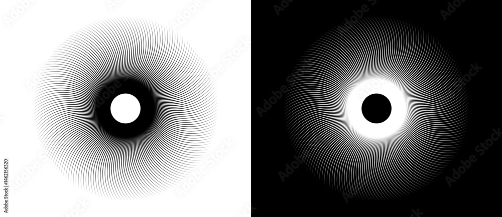 Poster Lines in circle abstract background. Sun cocept. Black shape on a white background and the same white shape on the black side.