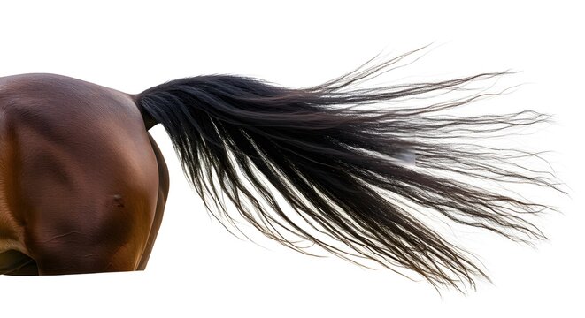 "Dynamic close-up of a horse's tail swishing gracefully, isolated against a clean white background. 