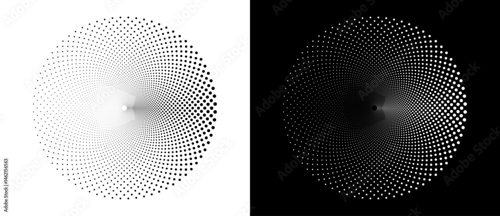 Fototapete Modern abstract background. Halftone dots in circle form. Round logo. Vector dotted frame. Design element or icon. Black shape on a white background and the same white shape on the black side.