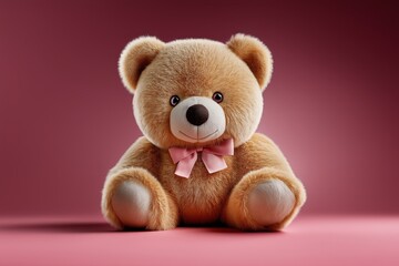 Obraz premium Soft teddy bear with a pink bow sitting on a pink background perfect for gifts and decoration
