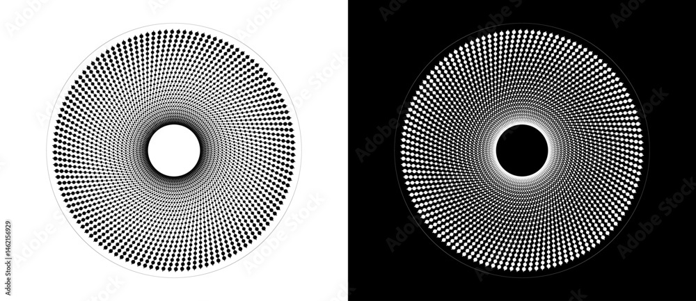 Leinwandbilder Abstract background with lines and dots in circle. Art design as logo or icon. Black shape on a white background and white shape on the black side.