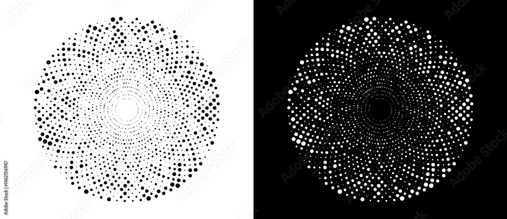 Aufkleber Modern abstract background. Halftone dots in circle form. Round logo. Vector dotted frame. Design element or icon. Black shape on a white background and the same white shape on the black side.