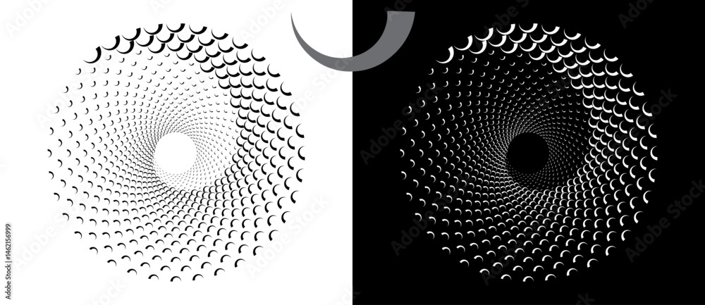 Poster Modern abstract background. Waves in circle form. Spiral logo or icon, design element. Black shape on a white background and the same white shape on the black side.