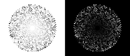 Fototapeta na wymiar Modern abstract background. Halftone dots in circle form. Round logo. Vector dotted frame. Design element or icon. Black shape on a white background and the same white shape on the black side.