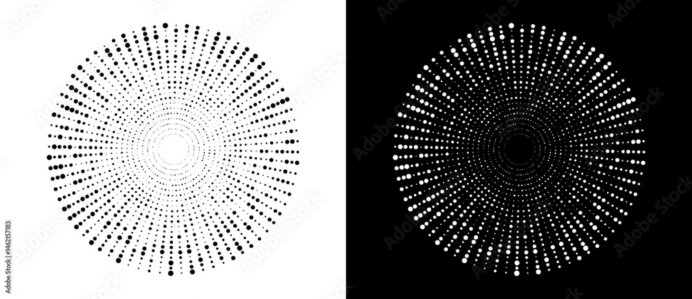 Fototapete Modern abstract background. Halftone dots in circle form. Round logo. Vector dotted frame. Design element or icon. Black shape on a white background and the same white shape on the black side.