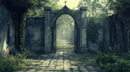 Obraz premium Enchanted Garden Pathway Through Ancient Stone Archway. Mysterious stone archway leads to an overgrown garden pathway, surrounded by lush greenery and dappled sunlight. The ancient architecture create