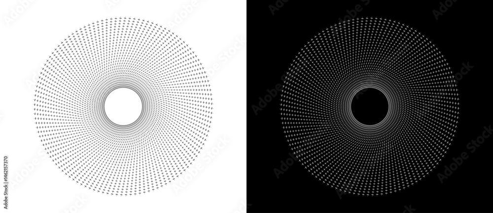 Poster Abstract background with lines and dots in circle. Art design as logo or icon. Black shape on a white background and white shape on the black side.