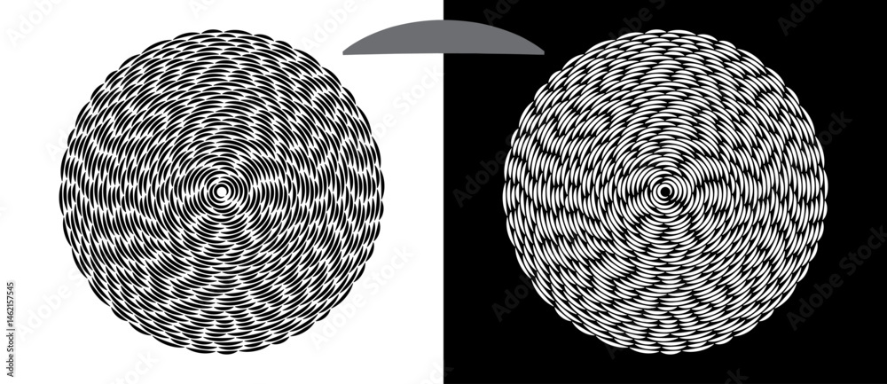 Poster Modern abstract background. Waves in circle form. Spiral logo or icon, design element. Black shape on a white background and the same white shape on the black side.