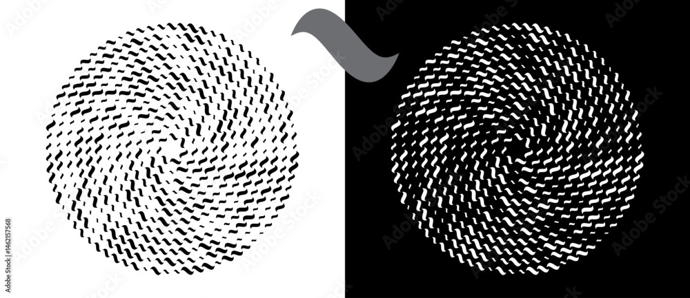Poster Modern abstract background. Waves in circle form. Spiral logo or icon, design element. Black shape on a white background and the same white shape on the black side.