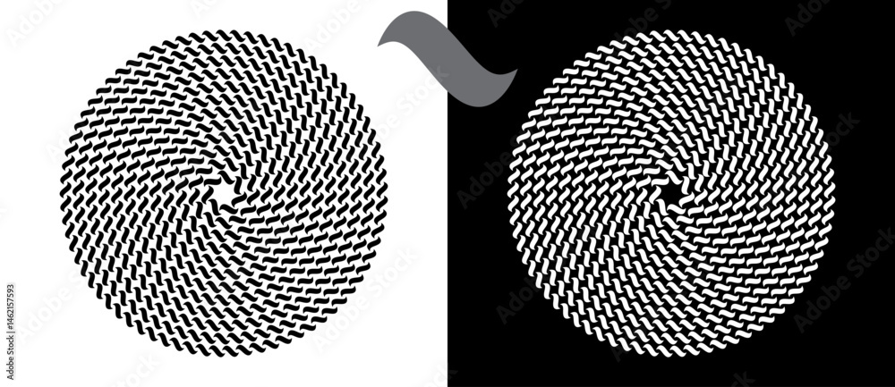 Poster Modern abstract background. Waves in circle form. Spiral logo or icon, design element. Black shape on a white background and the same white shape on the black side.