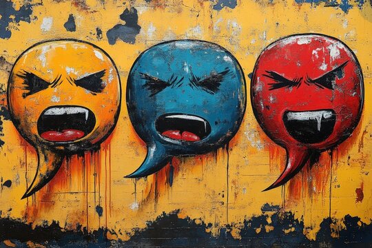 Exploration of Conflicting Thoughts and Emotions Through Vibrant Speech Bubbles in Overlapping Designs