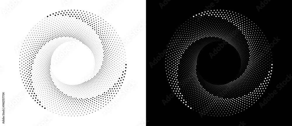Poster Modern abstract background. Halftone dots in circle form. Spiral logo, icon or design element. Black dots on a white background and white dots on the black side.