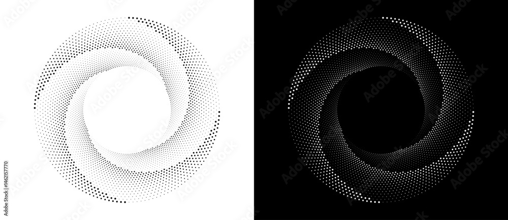 Poster Modern abstract background. Halftone dots in circle form. Spiral logo, icon or design element. Black dots on a white background and white dots on the black side.