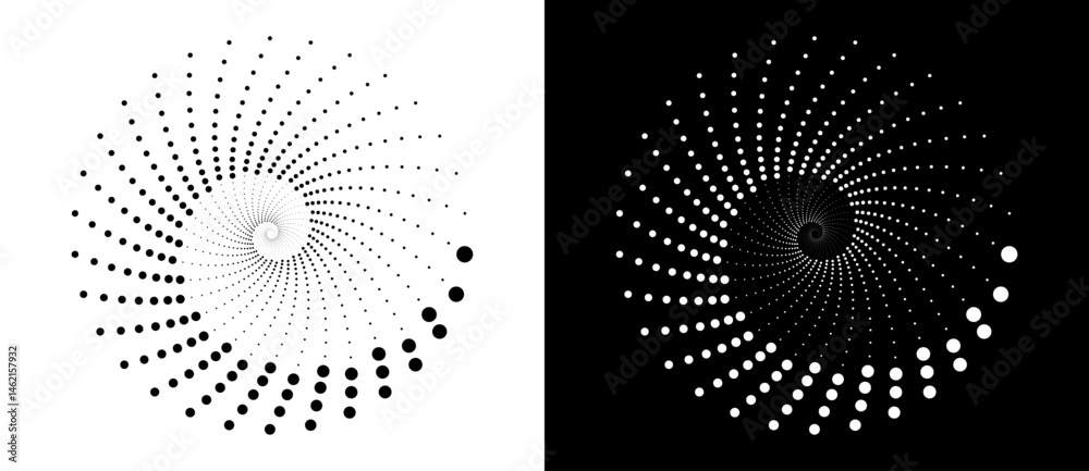 Poster Modern abstract background. Halftone dots in circle form. Spiral logo, icon or design element. Black dots on a white background and white dots on the black side.