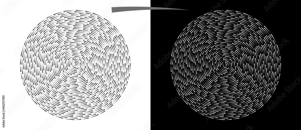 Poster Modern abstract background. Waves in circle form. Spiral logo or icon, design element. Black shape on a white background and the same white shape on the black side.