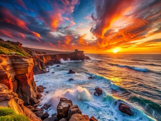 Dramatic Sunset Landscape at Firing Point 7, Panoramic View, Coastal Cliffs, Ocean Waves