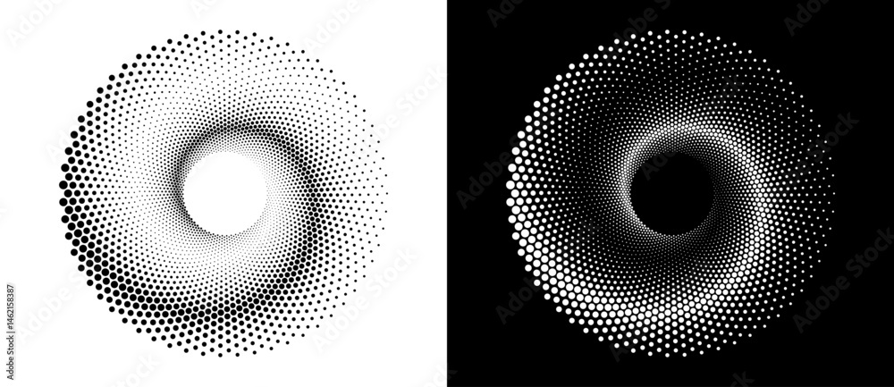Leinwandbilder Modern abstract background. Halftone dots in circle form. Spiral logo, icon or design element. Black dots on a white background and white dots on the black side.