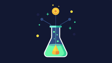 Laboratory Beaker of Transformation A beaker filled with glowing liquid with an epichemical symbol emerging from it symbolizing the breakthrough technology that reprograms