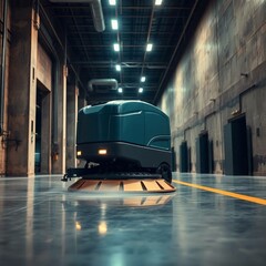  Ultra-HD 3D render of an autonomous cleaning robot vacuuming a modern warehouse floor with storage shelves in background