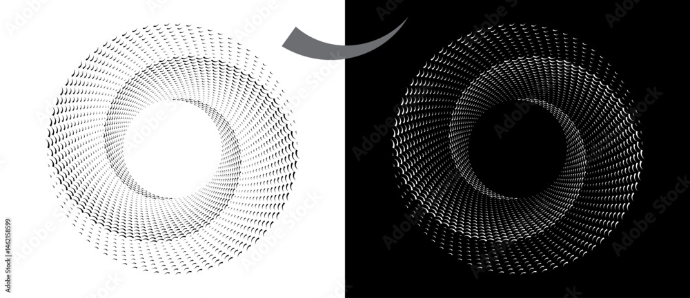 Poster Modern abstract background. Waves in circle form. Spiral logo or icon, design element. Black shape on a white background and the same white shape on the black side.