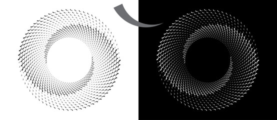 Modern abstract background. Waves in circle form. Spiral logo or icon, design element. Black shape on a white background and the same white shape on the black side.