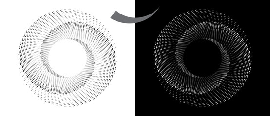 Modern abstract background. Waves in circle form. Spiral logo or icon, design element. Black shape on a white background and the same white shape on the black side.