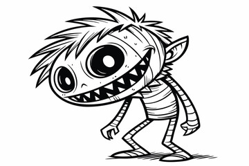 57 Creepy monster illustration, black and white ink drawing, spiky hair, large round eyes, wide grinning mouth, thin limbs, bandaged body parts, creature design, horror style, detailed linework, grote