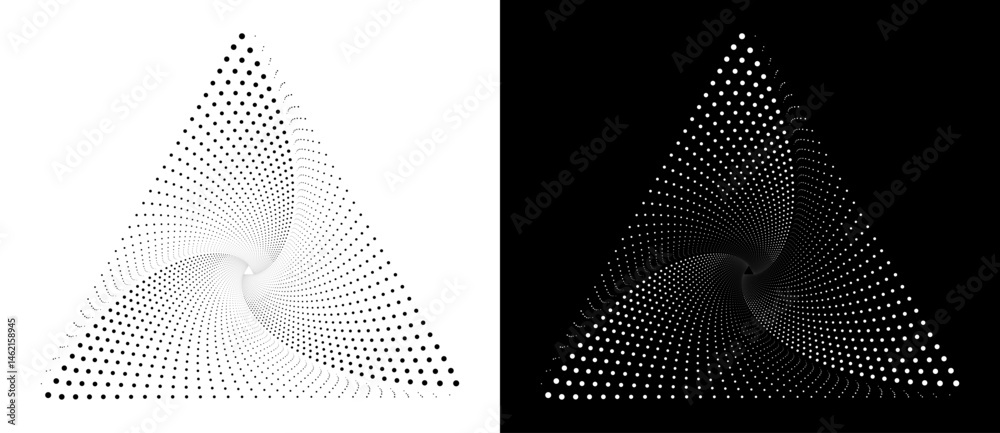 Poster triangle with dots in spiral form. a black figure on a white background and an equally white figure 
