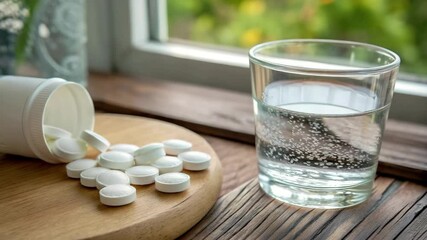 White tablets spilling next to a glass of water on a wooden table   - Powered by Adobe