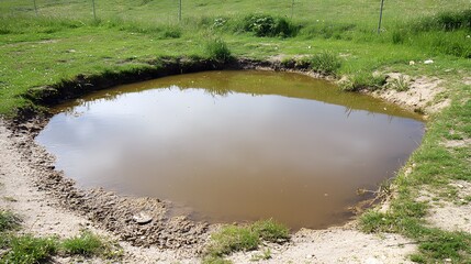 Muddy Puddle in Green Grassy Field