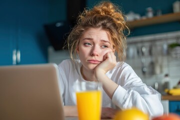 Sad Woman with Laptop in Kitchen