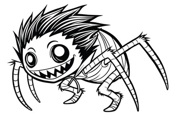 57 Creepy monster illustration, black and white ink drawing, spiky hair, large round eyes, wide grinning mouth, thin limbs, bandaged body parts, creature design, horror style, detailed linework, grote