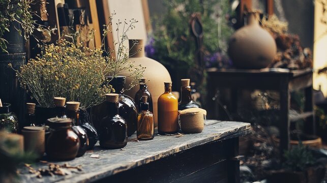 Apothecary bottles and herbs on outdoor table vintage healing scene natural remedy herbal medicine