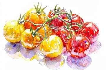 Watercolor illustrations of tomatoes creating a fresh, lively aesthetic.