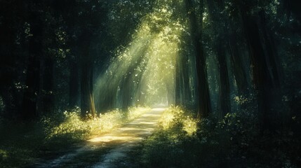 Obraz premium Sunbeams Illuminating a Forest Path: A Mystical Journey