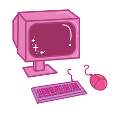 Pink retro monitor, computer mouse and keyboard. Computer icon. Vector illustration isolated on white background.