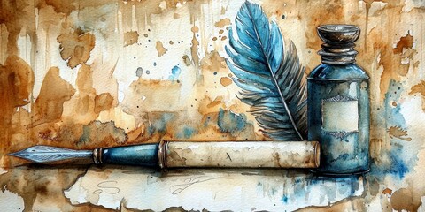 Hand-painted watercolor art featuring classic writing tools on parchment.