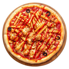 Delicious Pizza with Chicken and Olives isolated on transparent background