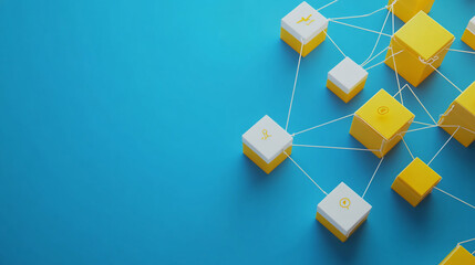 Network of interconnected cubes.  Linked blocks on a bright blue background.  Modern design
