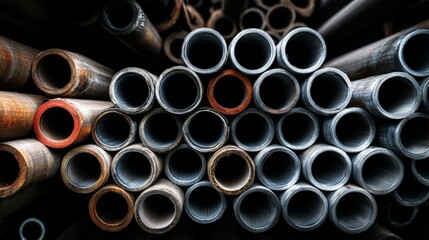 Metal pipes connector tubes. Construction cylindrical steel pipe stacked valious size in construction