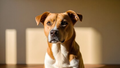 A friendly red and white Pit Bull Terrier mixed breed dog with large floppy ears and wearing a red collar