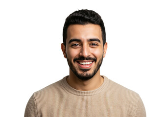 Smiling Middle-Eastern Man in Casual Sweater Against Black Background - Portrait of a Happy Young Adult Male Expressing Joy and Approachability