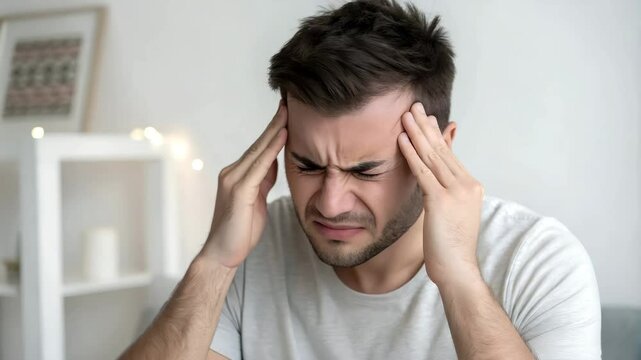 Young man experiencing headache at home with neutral background  