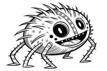 57 Creepy monster illustration, black and white ink drawing, spiky hair, large round eyes, wide grinning mouth, thin limbs, bandaged body parts, creature design, horror style, detailed linework, grote