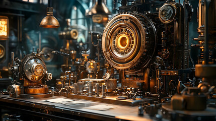 Fototapeta premium Intricate steampunk workstation with glowing central hub.