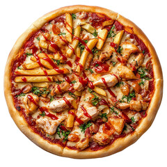 Delicious Chicken and Fries Pizza Recipe isolated on transparent background