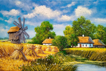 Rural landscape with river and house. Mill, wheat field, village. Oil paintings. Fine art, paint.